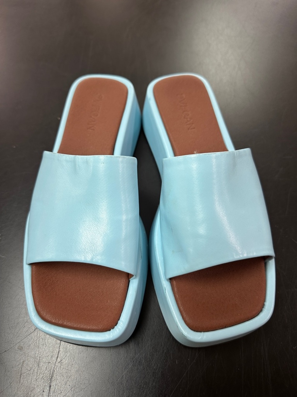 Women’s Light Blue Slide Mules with Brown Footbed
